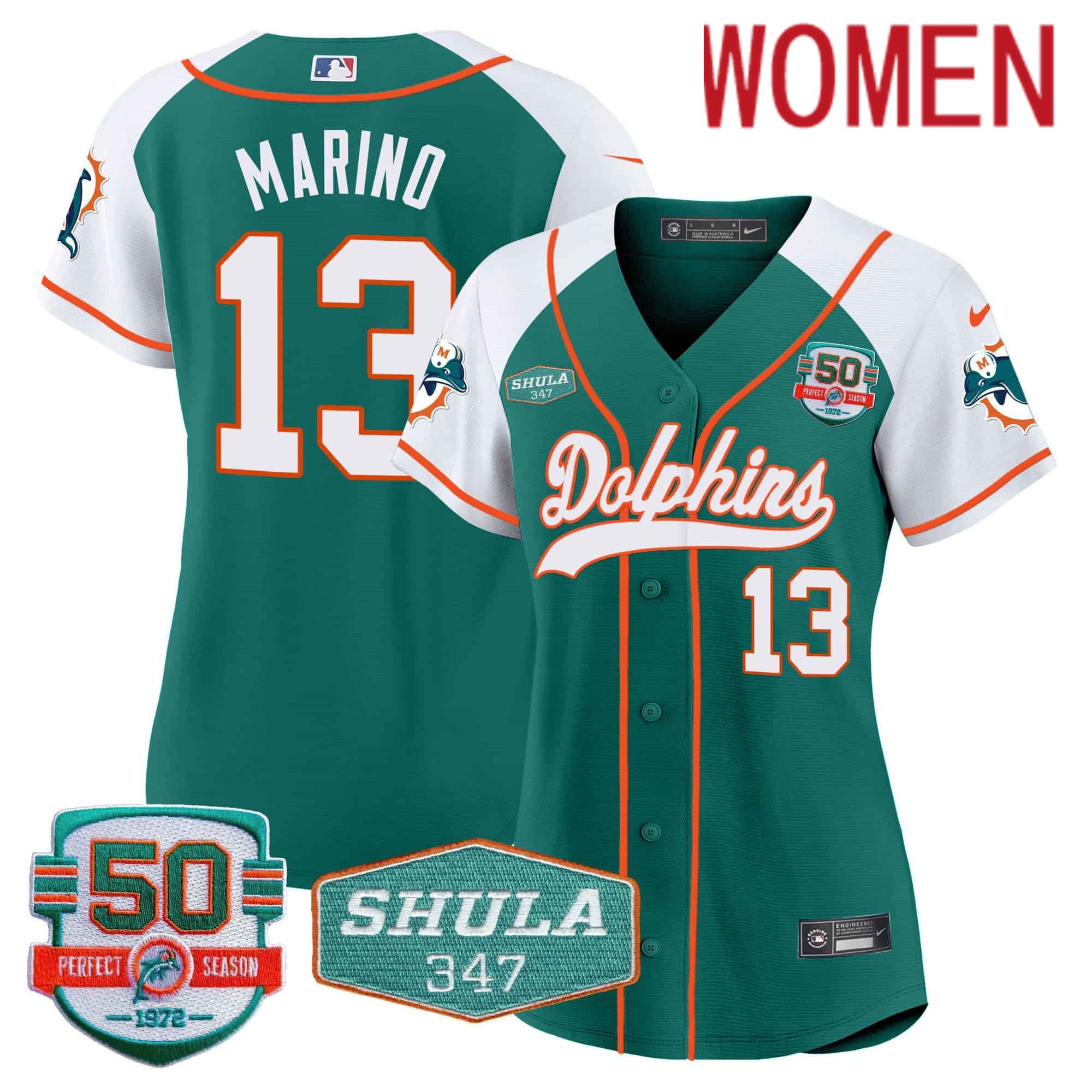 Women Miami Dolphins 13 Marino Green 2024 Nike 50th Don Shula Memorial Patch Baseball NFL Jersey